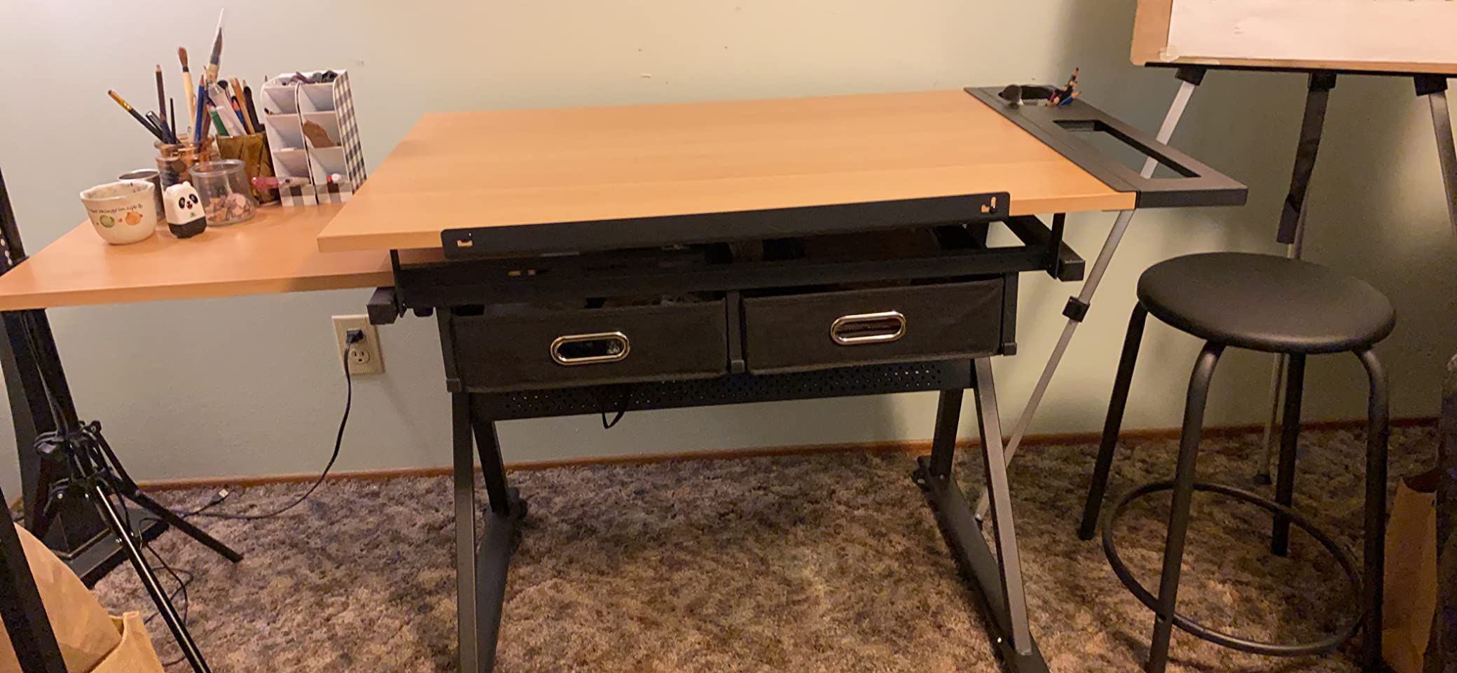 Drafting Table Drawing Desk Art&Craft Work Station Height Adjustable Tilting Tabletop Craft Table Desk w/Stool and 2 Storage Drawers for Home Office Study Room, Natural customer photo 1