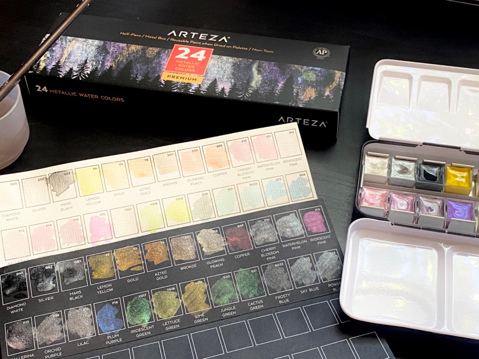 ARTEZA Metallic Watercolor Paint Set, 24 Shimmer Half Pans with Metal Tin customer photo 1