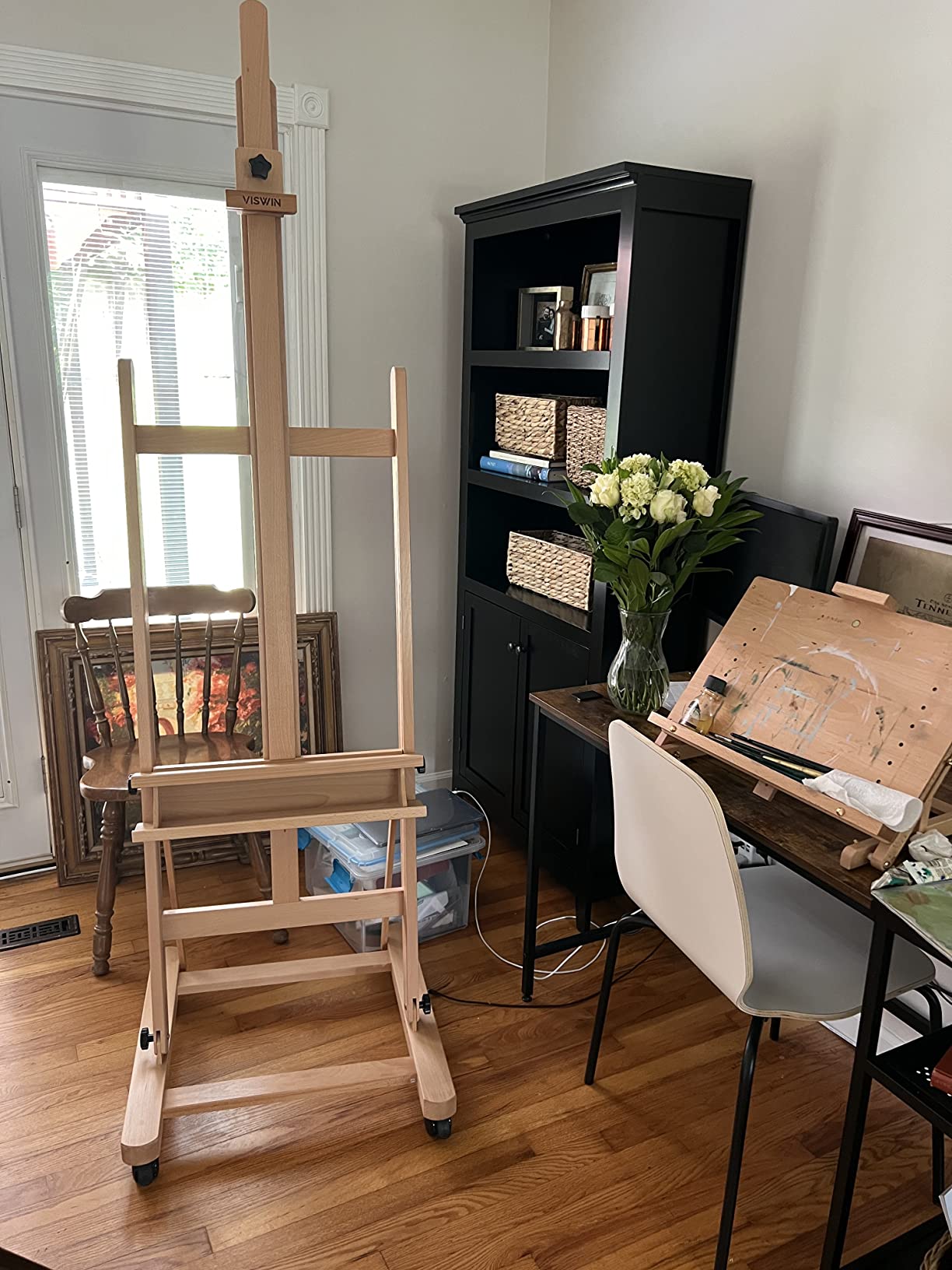 VISWIN Extended Large H-Frame Easel for Painting, Adjustable Beech Wood Artist Easel Stand with 4 Wheels & Storage Tray, Foldable Art Easel Floor for Adults, Hold Canvas up to 93