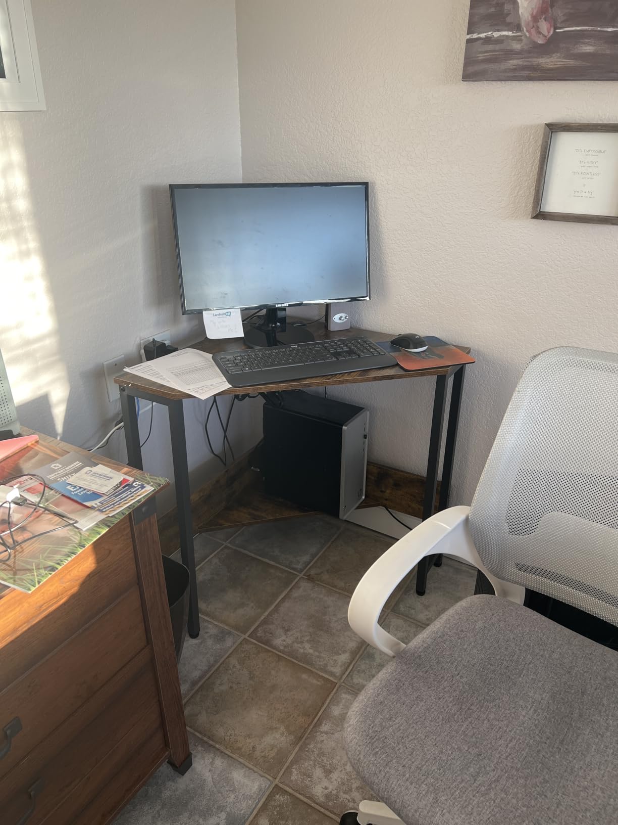 Armocity Corner Small Desk with Outlets Corner Table for Small Space Industrial Computer Desk with USB Ports Triangle Desk with Storage for Home Office, Workstation, Living Room, Bedroom, Rustic customer photo 2