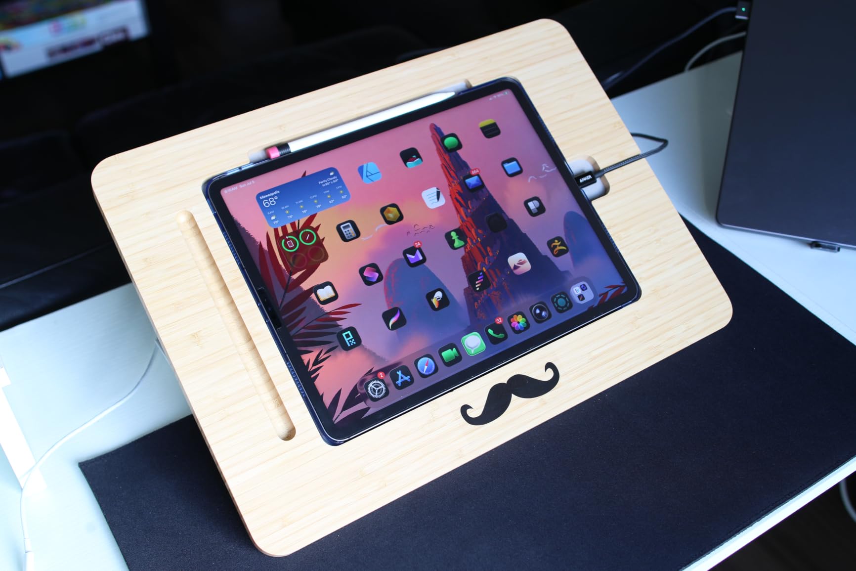 ELETIUO Adjustable Tablet Stand with Pencil&Charger Cable Slot,Bamboo Wooden Stand with Multiple Angles,Organizer Desktop Holder for Drawing,Compatible with ipads(Support to 9.7-11