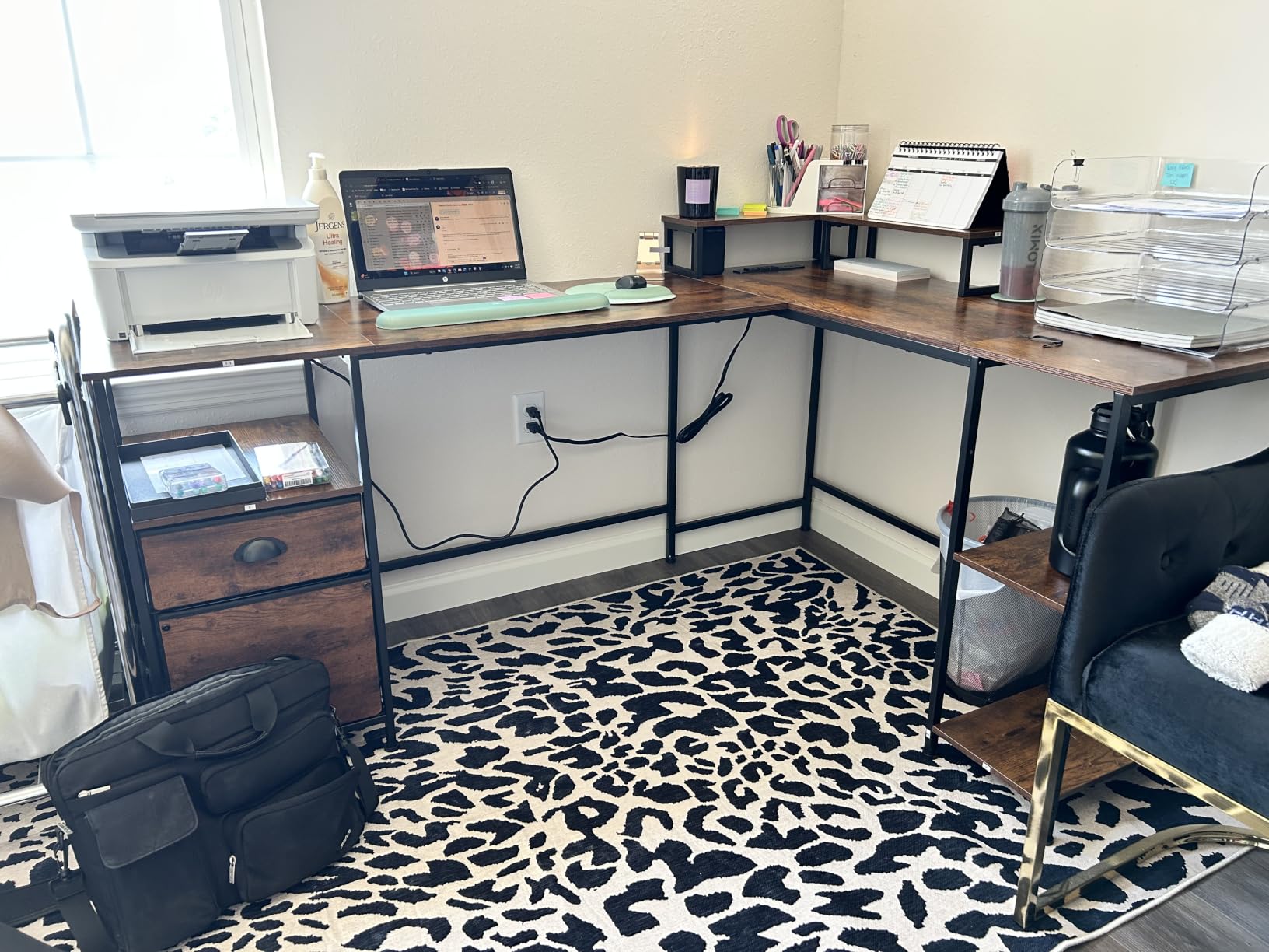 Furologee 66'' L Shaped Desk with Power Outlet and 2 Drawers, Rustic Brown customer photo 2