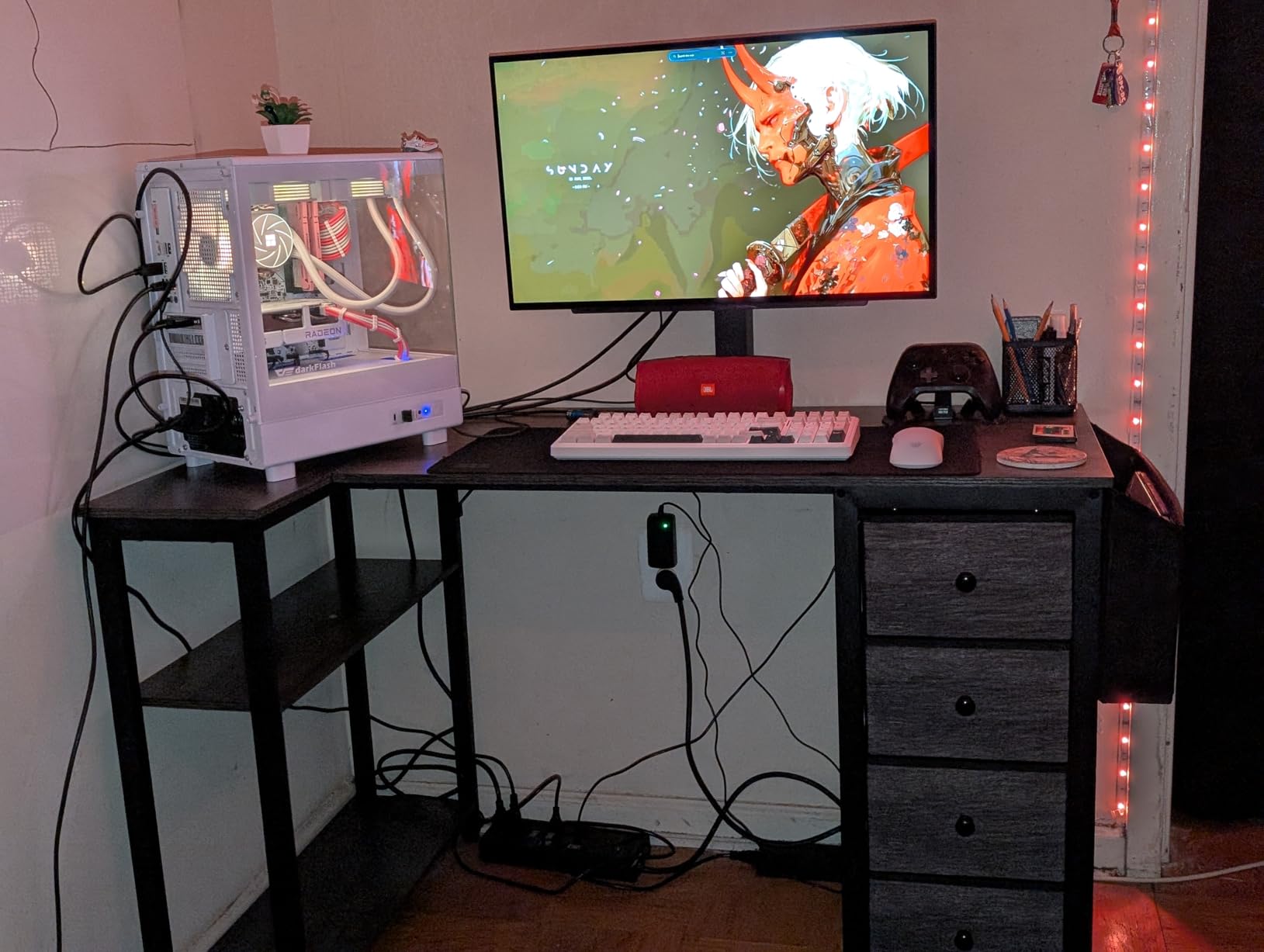Lufeiya White L Shaped Computer Desk with Drawers & Storage Shelves, 47 Inch Corner Reversible Desk with Power Outlet for Home Office Bedroom, L-Shaped Teen PC Desks with Fabric Drawer, White customer photo 2