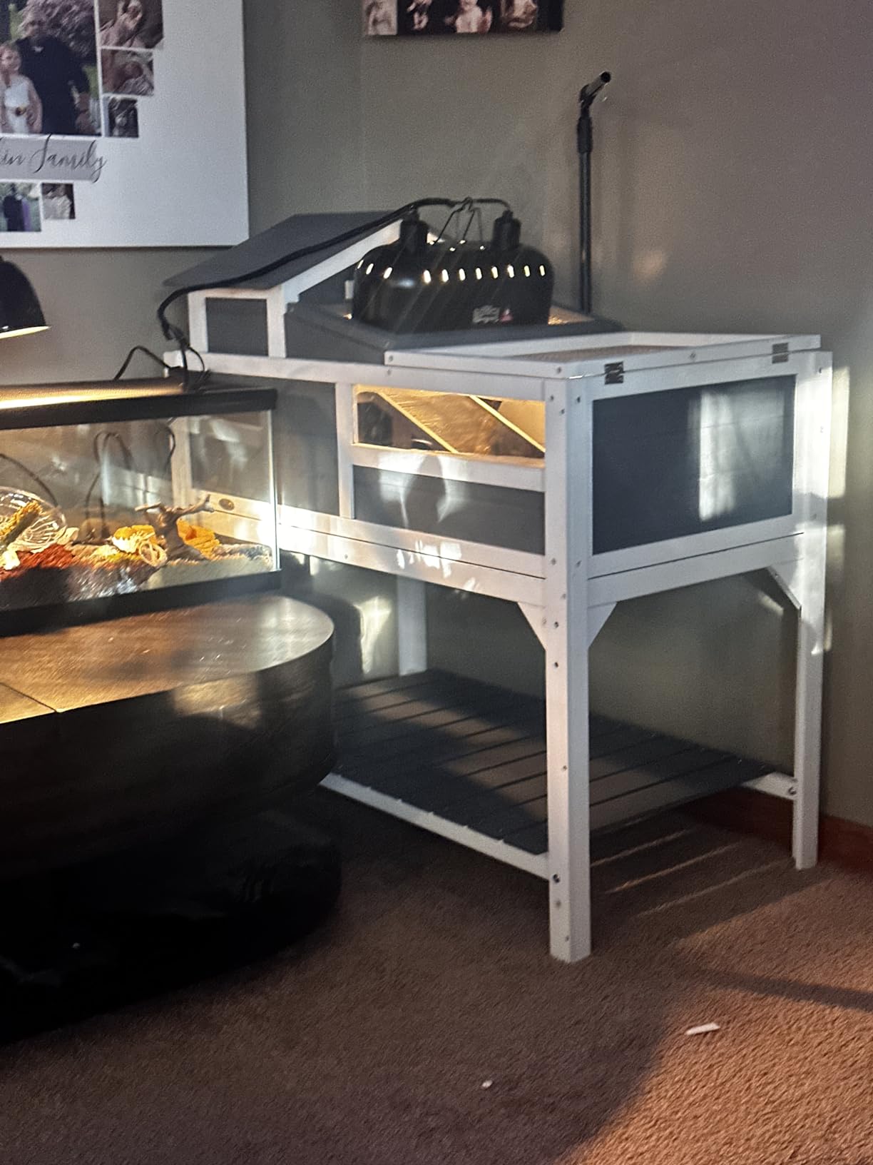 PawHut Tortoise Habitat with Adjustable Lamp Holder, 2 Layer Tortoise Enclosure with Storage Shelf, Removable Main House, Fixed Tray, Openable Lid, Gray customer photo 2