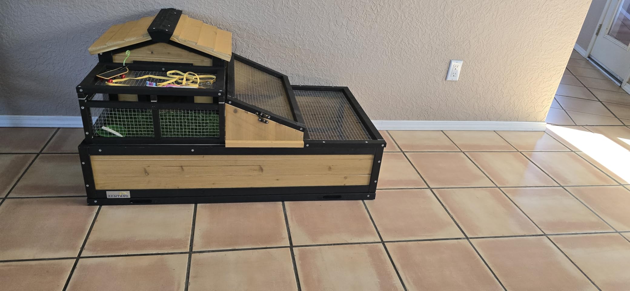 3-Room Large Tortoise Habitat with Pull-Out Tray, Wooden Tortoise Enclosure Indoor & Outdoor with Ramp, Grass Mat, Openable Roof, Luxurious Reptile Enclosure for Small Animals, Yellow customer photo 1