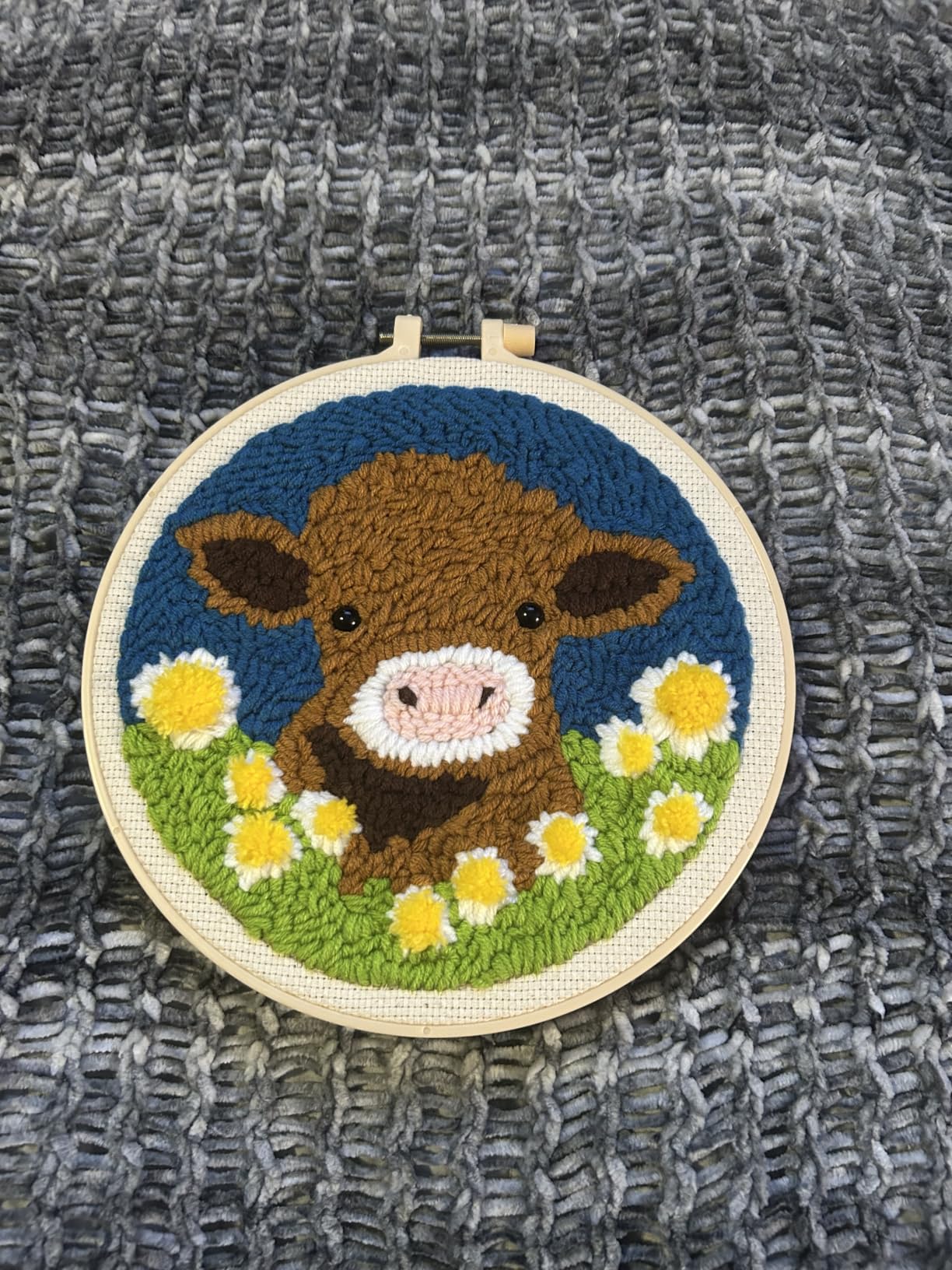 DIY Punch Needle Kits Highland Cow with Daisy Flower with Hoop 20x20cm-1 customer photo 1