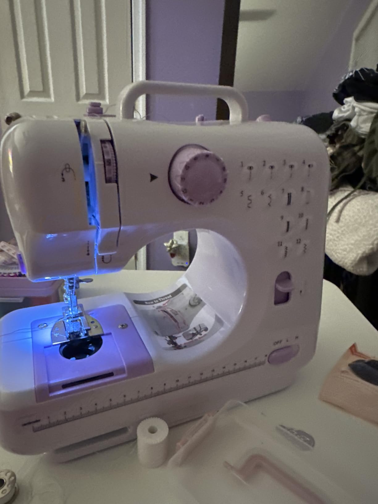 Sewing Machine with Extension Table, Mini Sewings Machines Portable Electric Sewing Machine, 12 Stitches Sewing Machines with LED Light, Sewings Accessory Kit, Ideal for Clothing, Pillowcases, Sheets customer photo 2