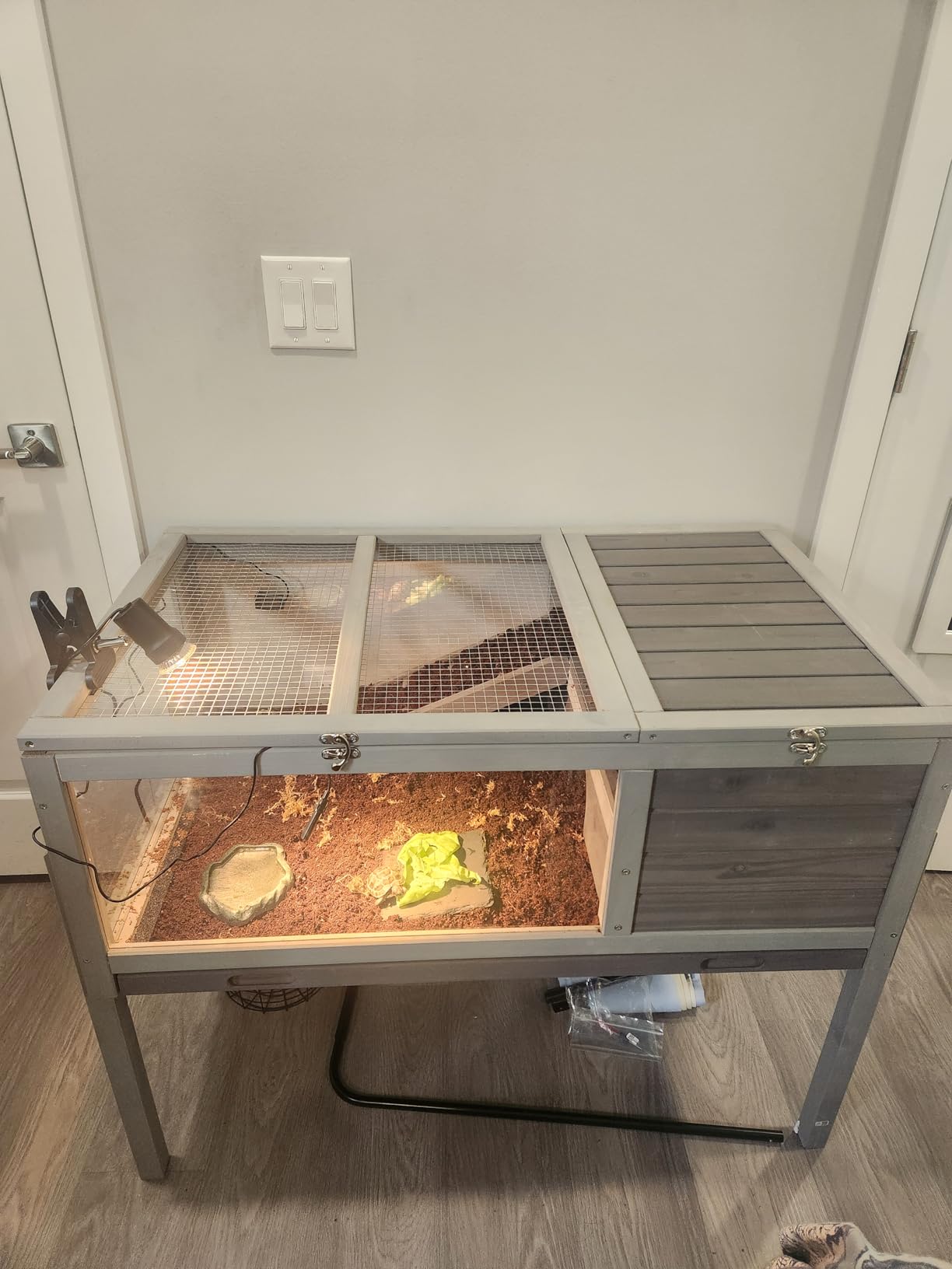 BIRASIL Wood Tortoise Enclosure with Adjustable Light Stand,2-Tier Habitat Reptile Cage with Swimming Area Feeding Area, Tortoises House for Small Animals Lizards Hamster (Gray/White) customer photo 2