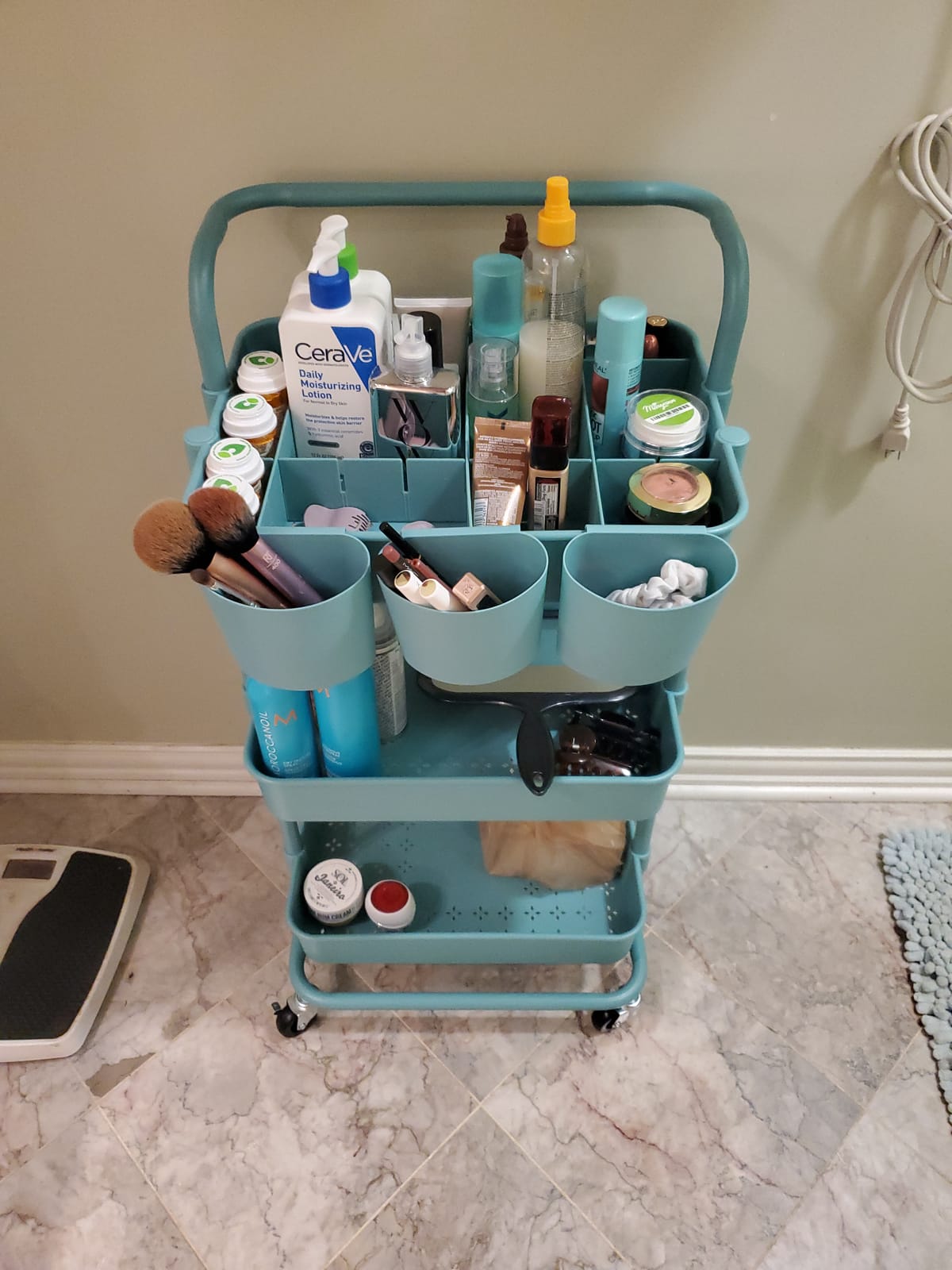 ALVOROG Rolling Storage Cart with 5 Drawers,Pegboards,Wooden Top,Bins,Black customer photo 1