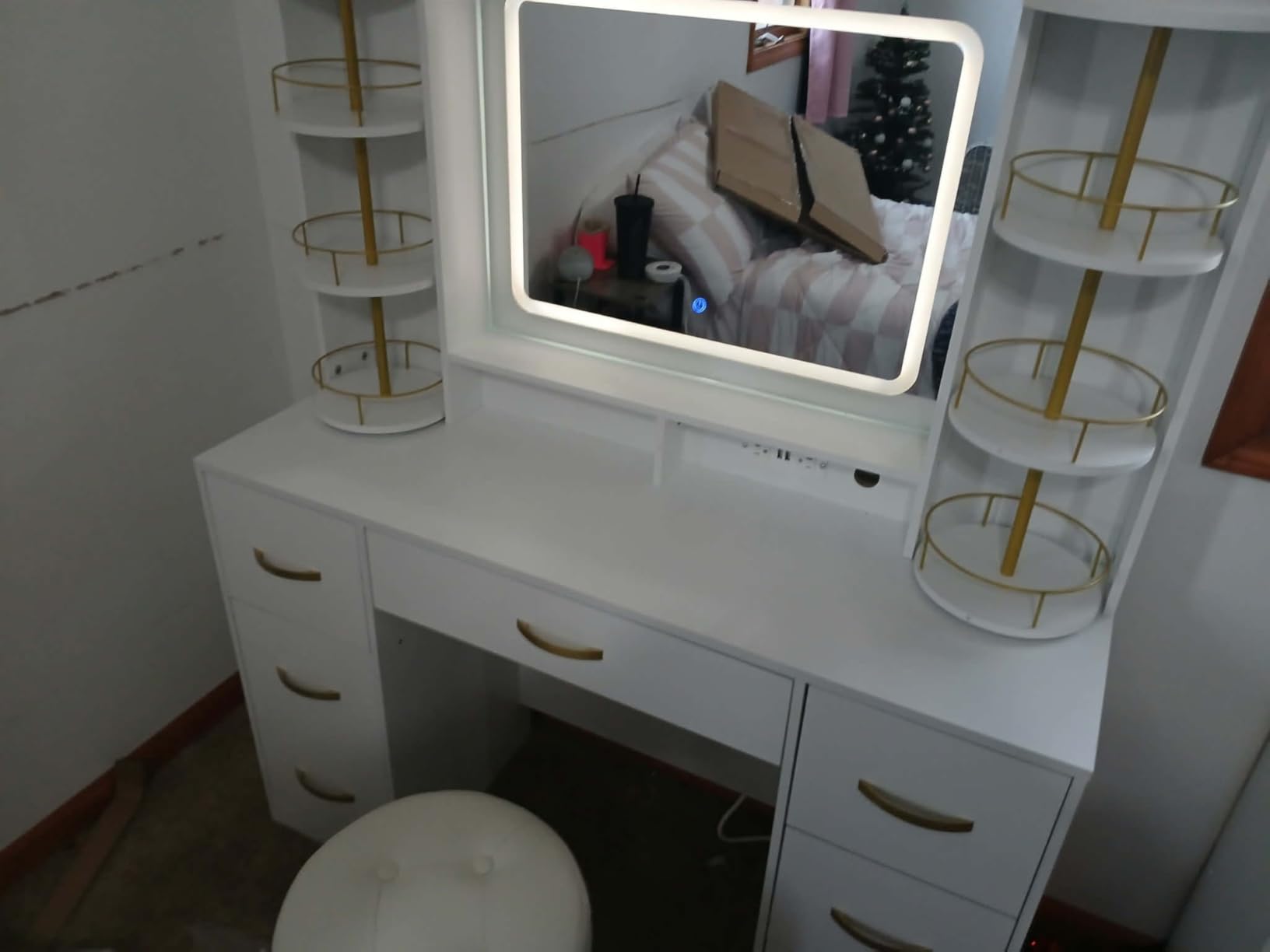 CSZZD White Makeup Vanity Desk with LED Mirror & RGB Cabinets customer photo 2