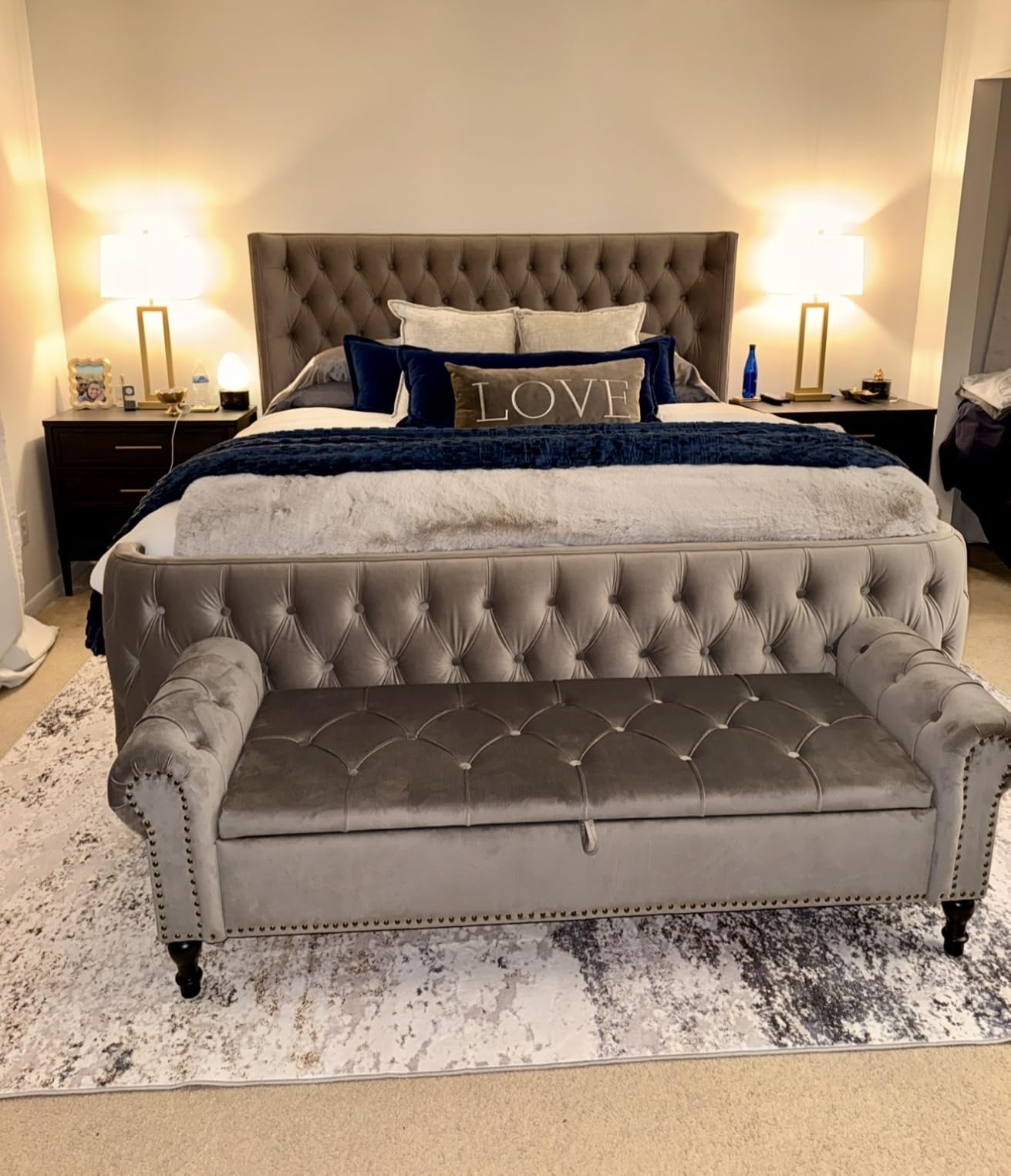 67 Inch Storage Bench for Bedroom, King Size End of Bed Bench, Upholstered Bench with Rolled Arms, Linen Tufted Button Storage Ottoman Benches, Living Room, Entryway, Cream Beige customer photo 1