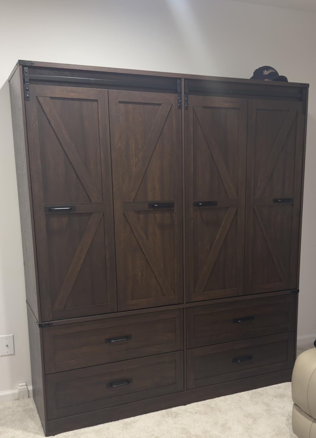 Farmhouse 4 Doors Armoire Wardrobe Closet w/Folding Sliding Barn Door and Lights, LED Armoire Closet w/Drawers for Bedroom, Freestanding Wooden Wardrobe Storage Closets w/Hanging Rod,Antique White customer photo 1