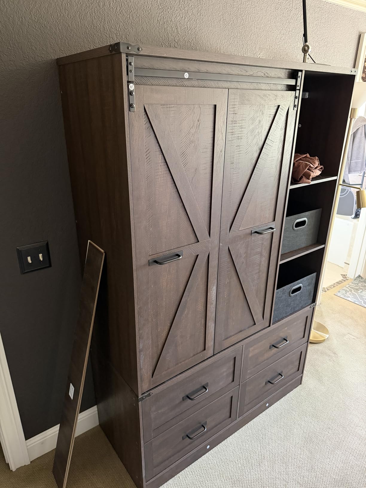 Farmhouse 4 Doors Armoire Wardrobe Closet w/Folding Sliding Barn Door and Lights, LED Armoire Closet w/Drawers for Bedroom, Freestanding Wooden Wardrobe Storage Closets w/Hanging Rod,Antique White customer photo 2