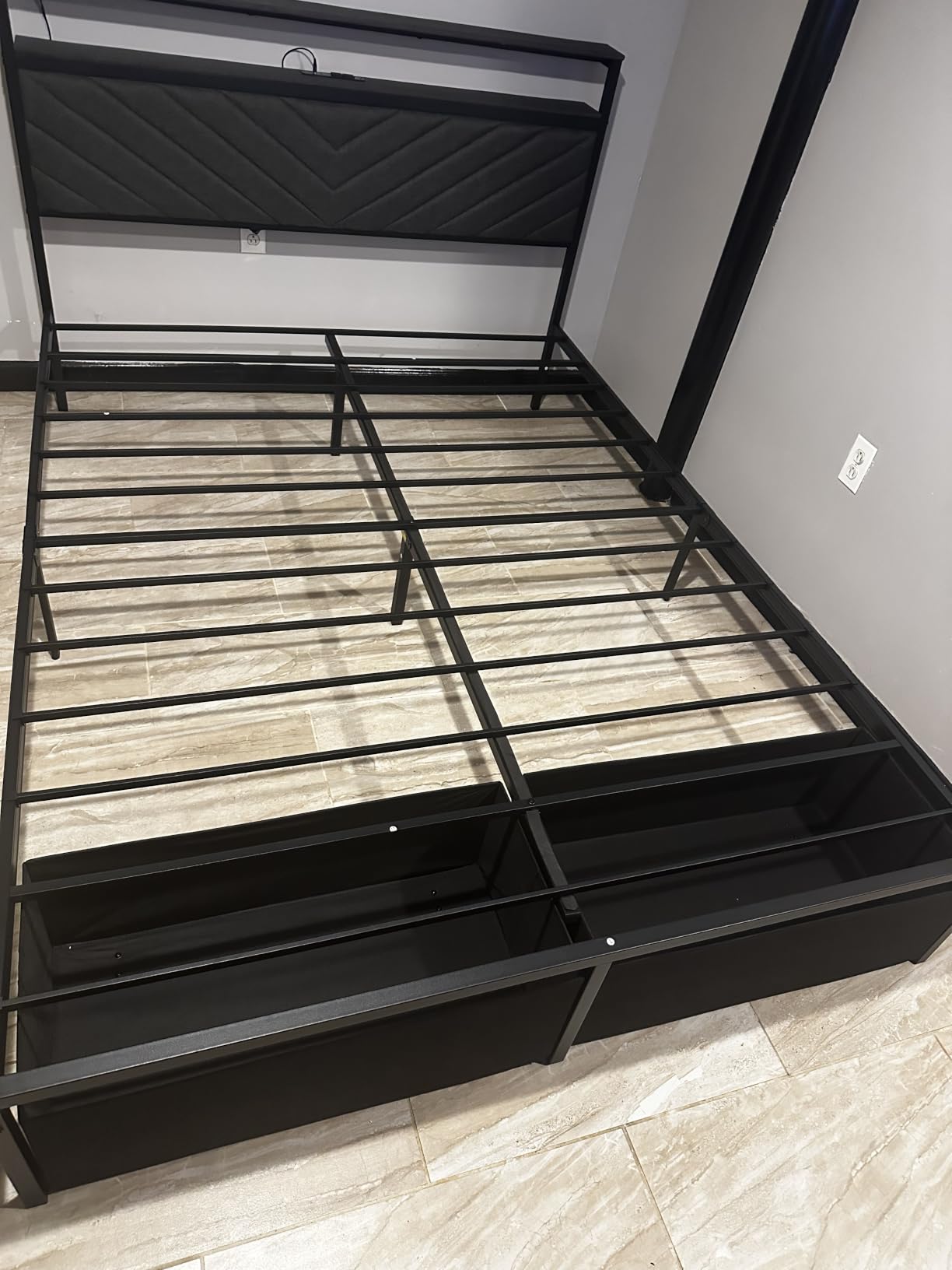 Fluest Queen Bed Frame with 2 Drawers, Upholstered Headboard with Storage and Charging Station, LED Lights, Fabric Drawers with Wheels, Under Bed Storage, No Box Spring Needed, Easy Assembly, Grey customer photo 1