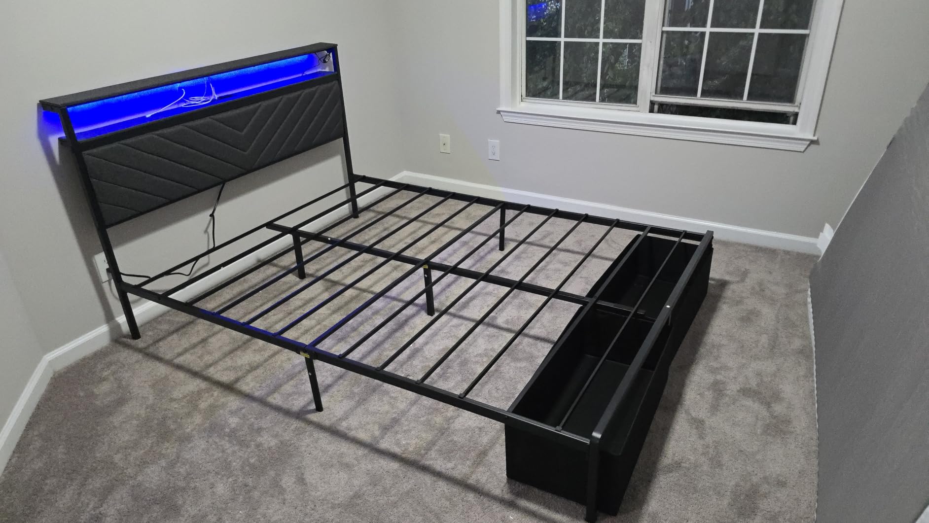 Fluest Queen Bed Frame with 2 Drawers, Upholstered Headboard with Storage and Charging Station, LED Lights, Fabric Drawers with Wheels, Under Bed Storage, No Box Spring Needed, Easy Assembly, Grey customer photo 2