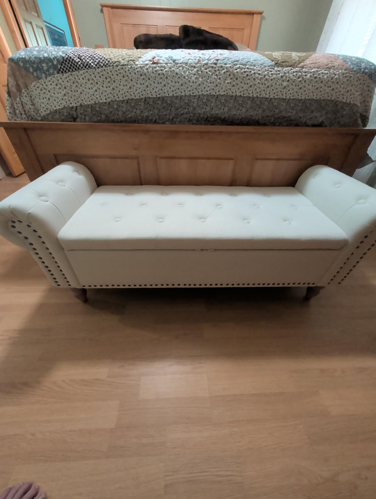 Furniliving 63” End of Bed Storage Bench, Bedroom Bench with Button-Tufted, Upholstered Storage Ottoman Benches Window Bench with Storage, Leather Bench for Living Room, Entryway, PU, Darkbrown customer photo 2